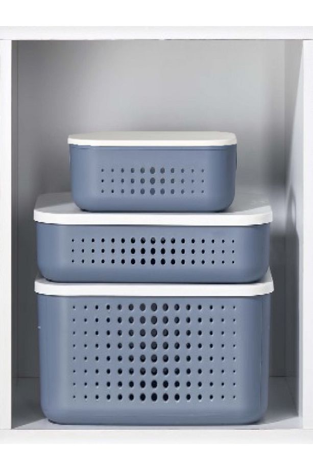 Bubble 3 Lü Set Mavi Storage Dolap Düzenleyici Kapaklı Kutu 13 - 6,8 - 3,2 Lt Saklama Kutusu - 1