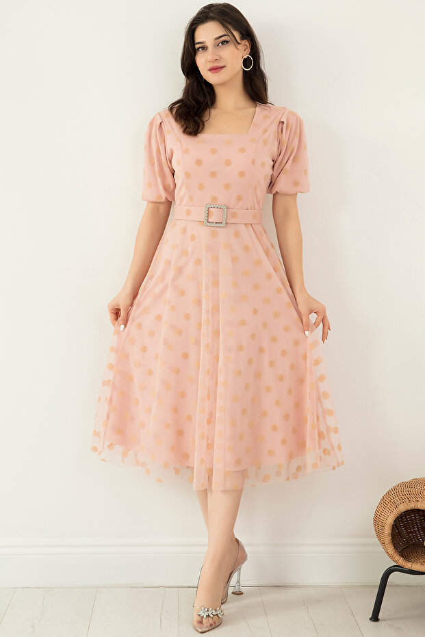 Kare Yaka Karpuz Kol Elbise 13402 - 6