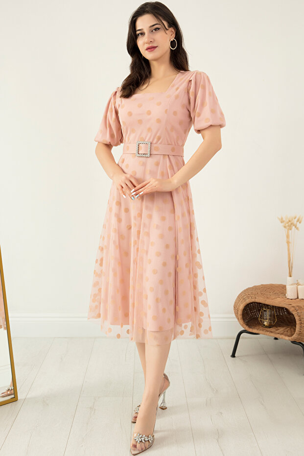 Kare Yaka Karpuz Kol Elbise 13402 - 5