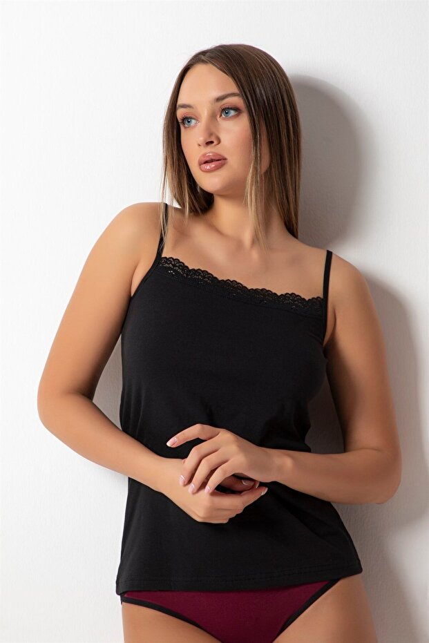 2011 Kare Yaka Dantel İşlemeli İp Askılı Basic Kadın Atlet - 1