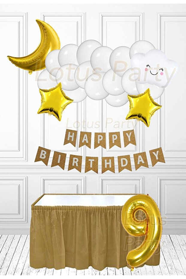 9 Years Old Cute White Cloudy Party Set - White Cloud Gold Moon and Gold Star White Balloon