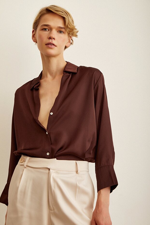 Basic Saten Gömlek Kahve - 1