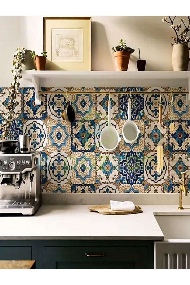 5 Metre X 60 Cm Retro Bej Çini Desenli Mutfak Banyo Fayans Tezgah Masa Dekorasyon Yapışkanlı Folyo - 4