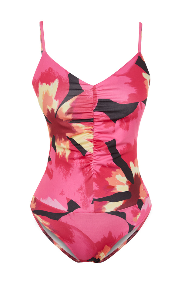 Pembe Çiçek Desenli V Yaka Esnek Çıtçıtlı Örme Body TWOSS24BD00021 - 7