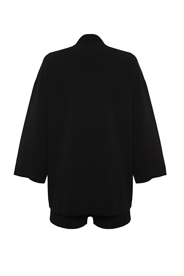 Siyah Dokuma Plaj Mini Yüksek Bel Kimono-Şort Takım TBESS23AU00089 - 9