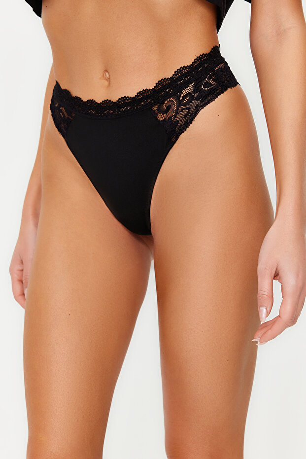 Siyah 3'lü Paket Micro Yanları Dantelli Tanga Örme Külot THMSS24KU00013 - 3