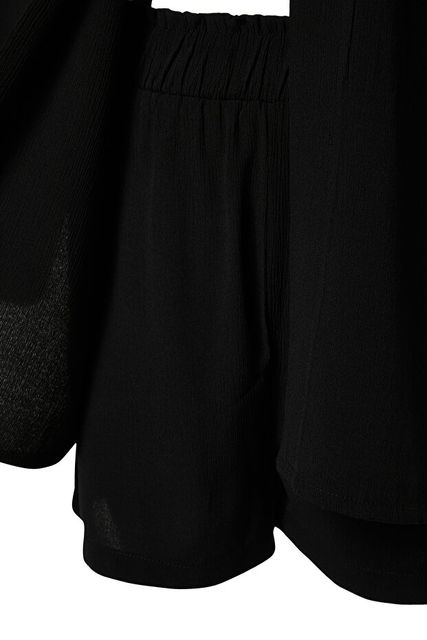 Siyah Dokuma Plaj Mini Yüksek Bel Kimono-Şort Takım TBESS23AU00089 - 8