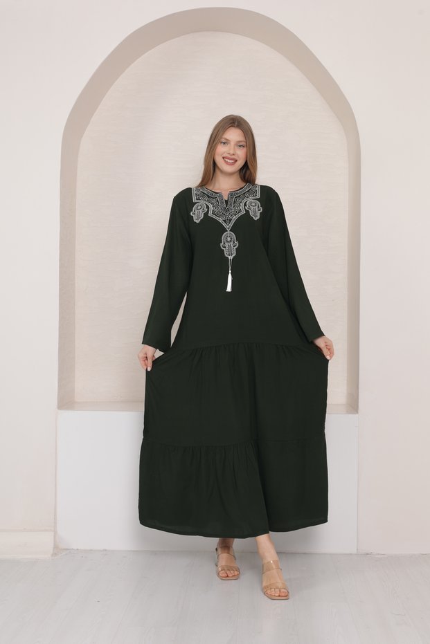 Women's Khaki Collar Embroidery Detail Long Sleeve Woven Dress
