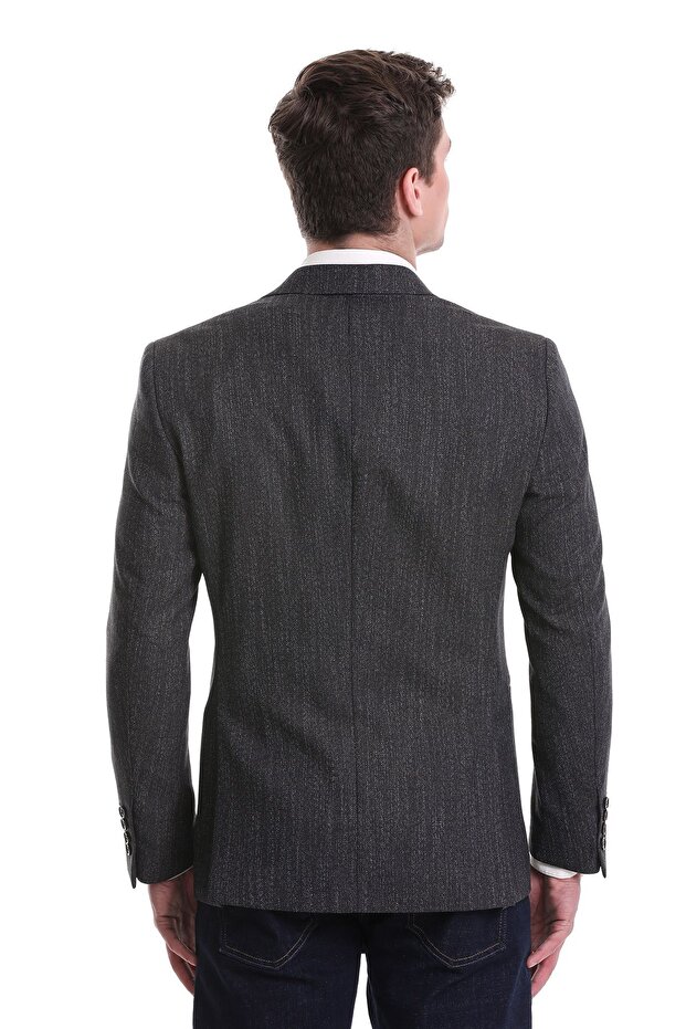 Navy Blue Regular Fit Patterned Mono Collar Classic Jacket - 7