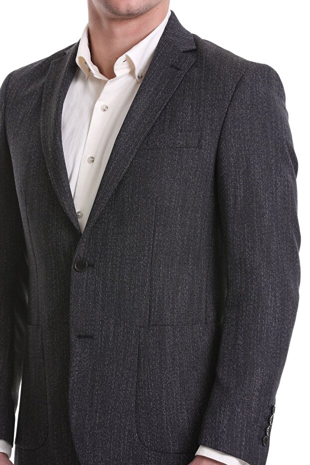 Navy Blue Regular Fit Patterned Mono Collar Classic Jacket - 5