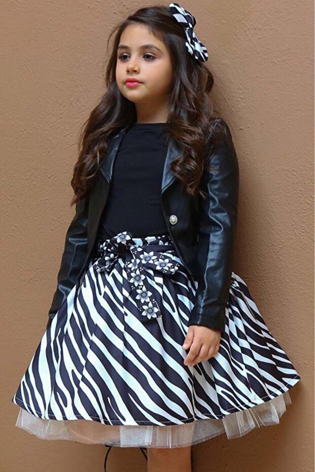 Girl's Leather Jacket and Zebra Printed Satin Black Skirt Set