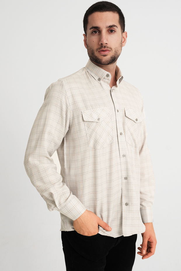 Men's Cream Cover Double Pocket Long Sleeve Checkered Linen Effect Shirt