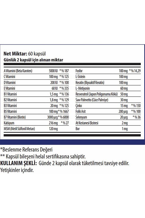 Biarin Man Erkek Saç Ve Cilt 60 Kapsül | Biotin, Keratin, Kalsiyum, Fosfor, C Vitamini - 2