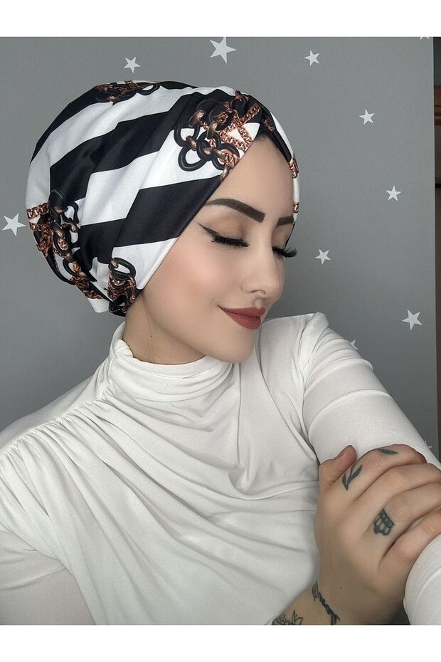 B28 Patterned Drawstring Ready Made Bonnet - 1