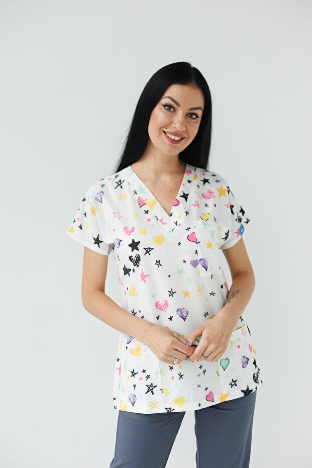 Women's Lycra Bat Sleeve Nurse Doctor Star Patterned Single Top White Jersey