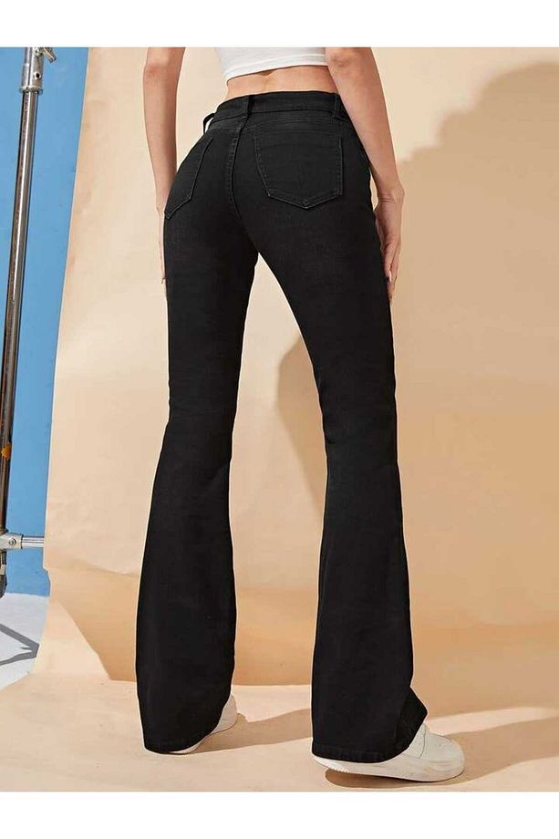 Siyah Ispanyol Paça Kot Pantolon Yüksek Bel Ispanyol Jeans - 3