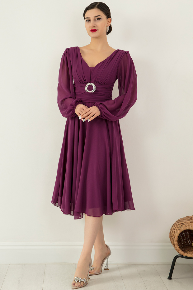 Tokalı Kemerli Şifon Elbise 1449 - 6