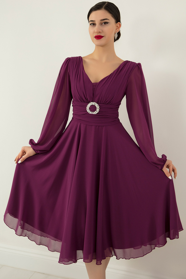 Tokalı Kemerli Şifon Elbise 1449 - 3