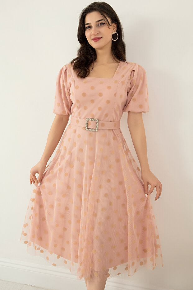 Kare Yaka Karpuz Kol Elbise 13402 - 3