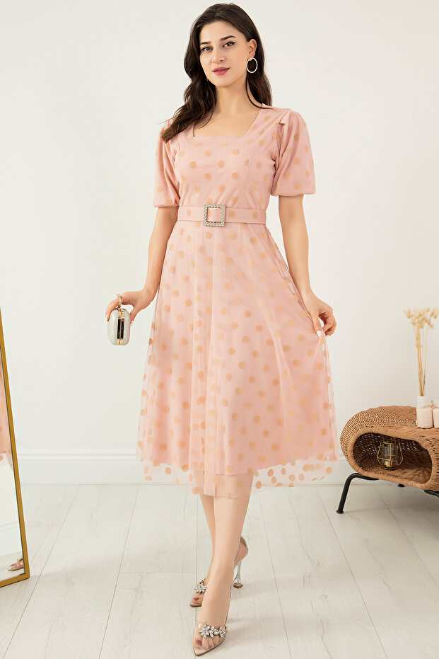 Kare Yaka Karpuz Kol Elbise 13402 - 1