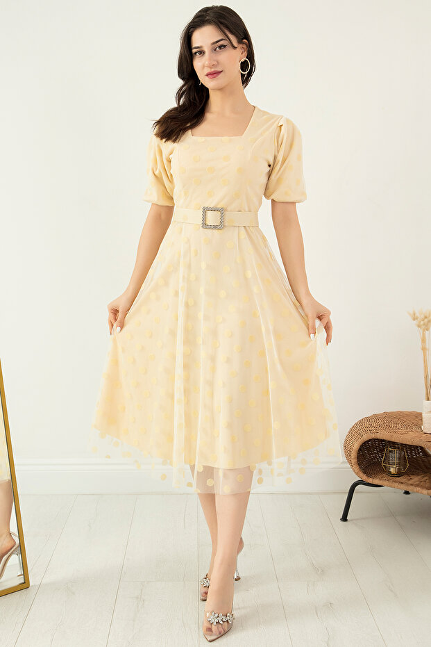 Kare Yaka Karpuz Kol Elbise 13402 - 6