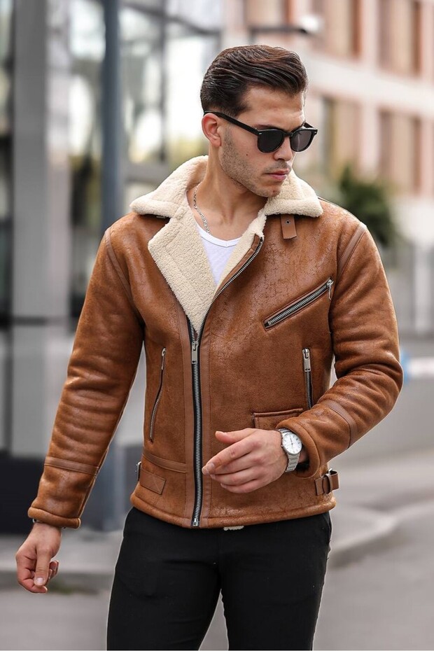 Men's Tan Color Napa Leather Cross Model Coat