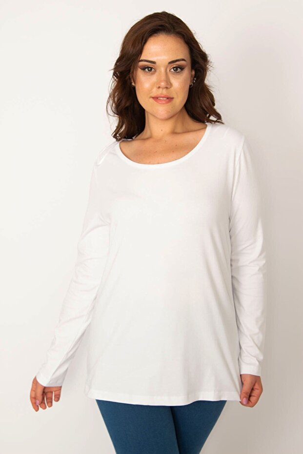 Women's Plus Size White Cotton Fabric Crew Neck Blouse 65n34238