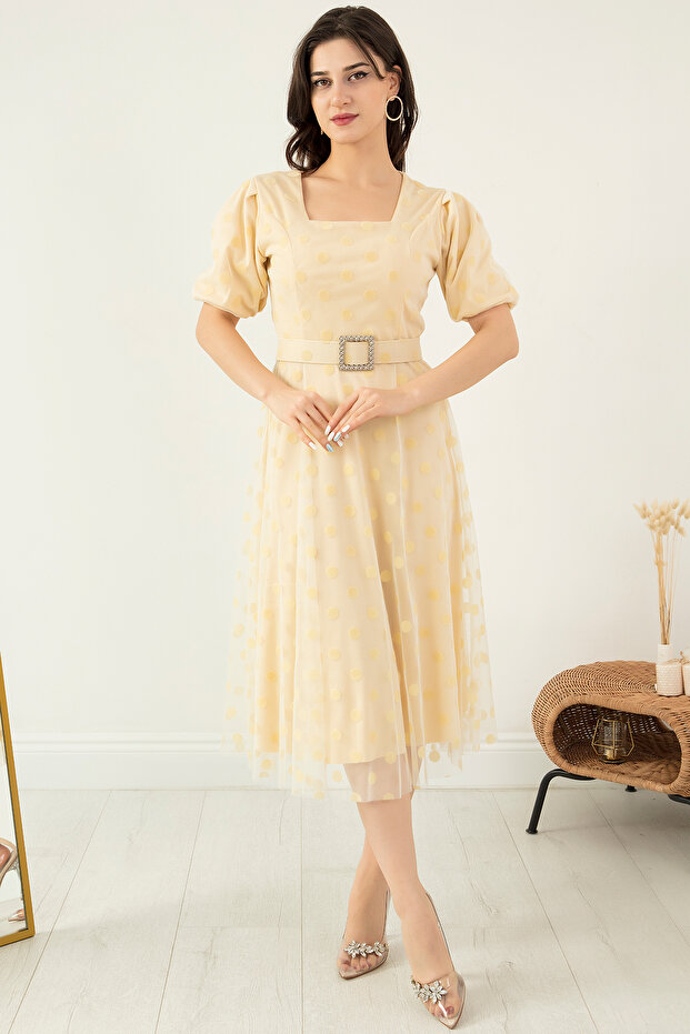 Kare Yaka Karpuz Kol Elbise 13402 - 5