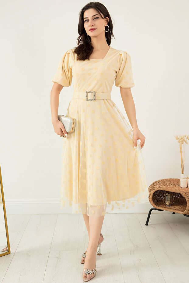 Kare Yaka Karpuz Kol Elbise 13402 - 1