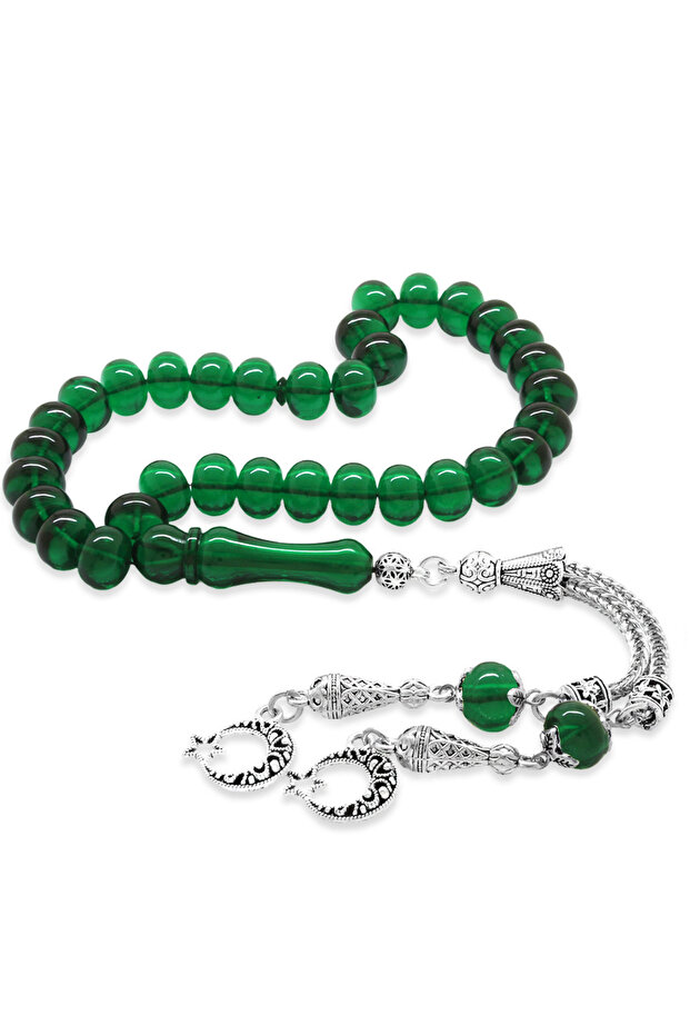 Non-Tarnish Metal Crescent Star Tasseled Wheel Cut Green Fire Amber Prayer Beads