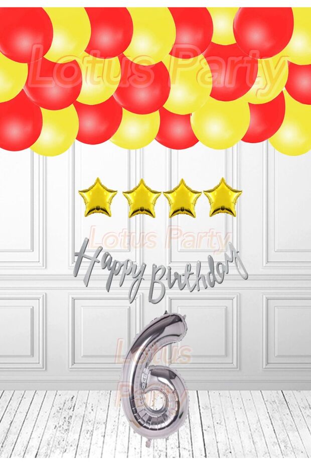 6 Years Old Yellow Red Balloon Fan Birthday Party Set Gold Star and Silver Number Foil Balloon