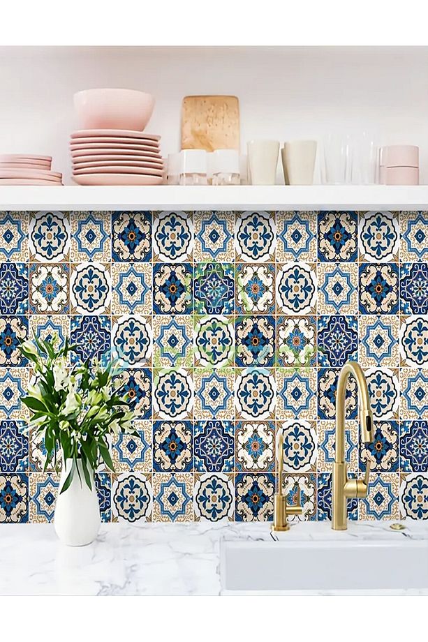 5 Metre X 60 Cm Retro Bej Çini Desenli Mutfak Banyo Fayans Tezgah Masa Dekorasyon Yapışkanlı Folyo - 1