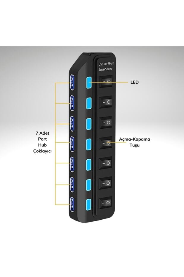 Buffer Çok Amaçlı 7 Port Girişli Güçlü Usb 2.0 Çoklayıcı Çoğaltıcı Adaptör Switch Splitter Hub - 5