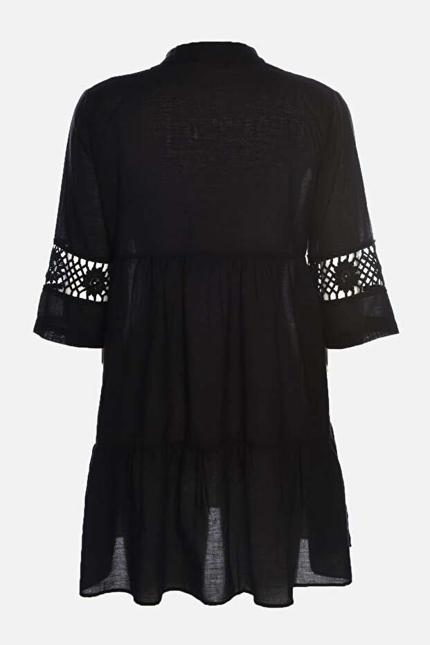 Siyah Dokuma Dantel %100 Pamuk Plaj Mini Elbise TBESS20EL0854 - 12