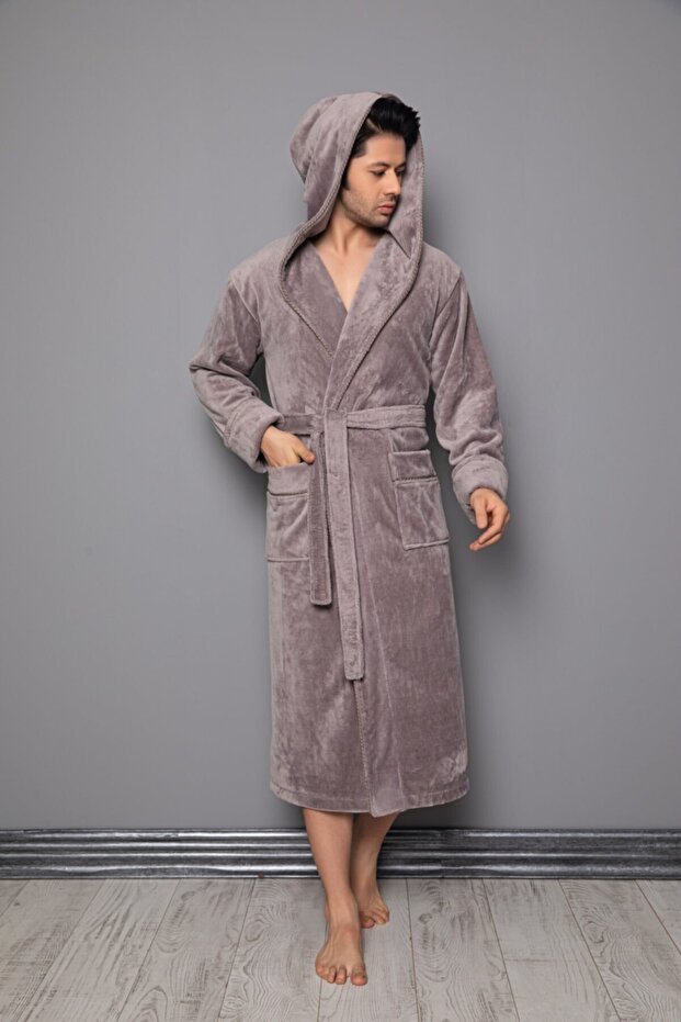 Stone Piping Long Hooded Bamboo Cotton Men's Bathrobe