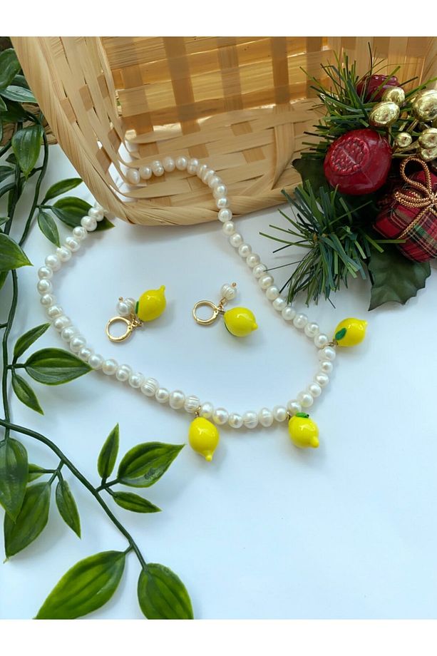 Kadın Murano Limonlu İnci Kolye Küpe Set - 1