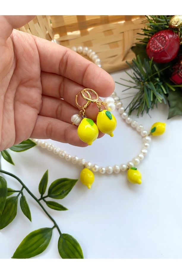 Kadın Murano Limonlu İnci Kolye Küpe Set - 2