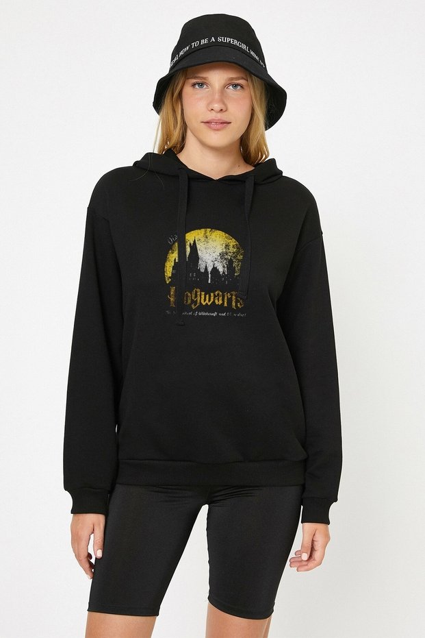 H P Hogwarts Apparel Books Visit Printed Black Women's Knitted Hooded Sweashirt Long Sleeve