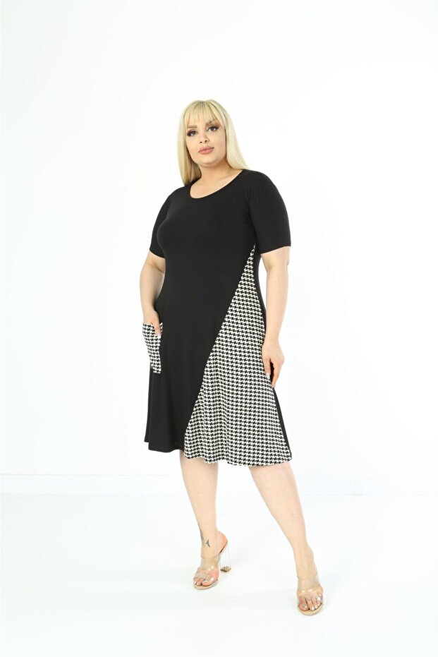 Black Plus Size Short Sleeve Viscose Combed Cotton Dress with Below Knee Pockets