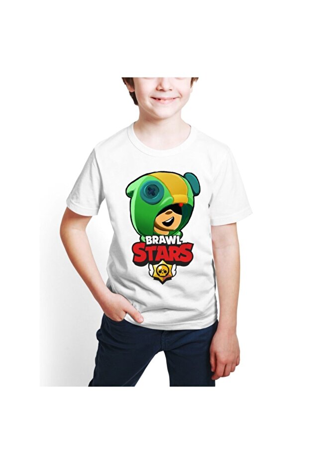 Unisex Kids White Brawl Stars Leon Digital Printed T-shirt M-04