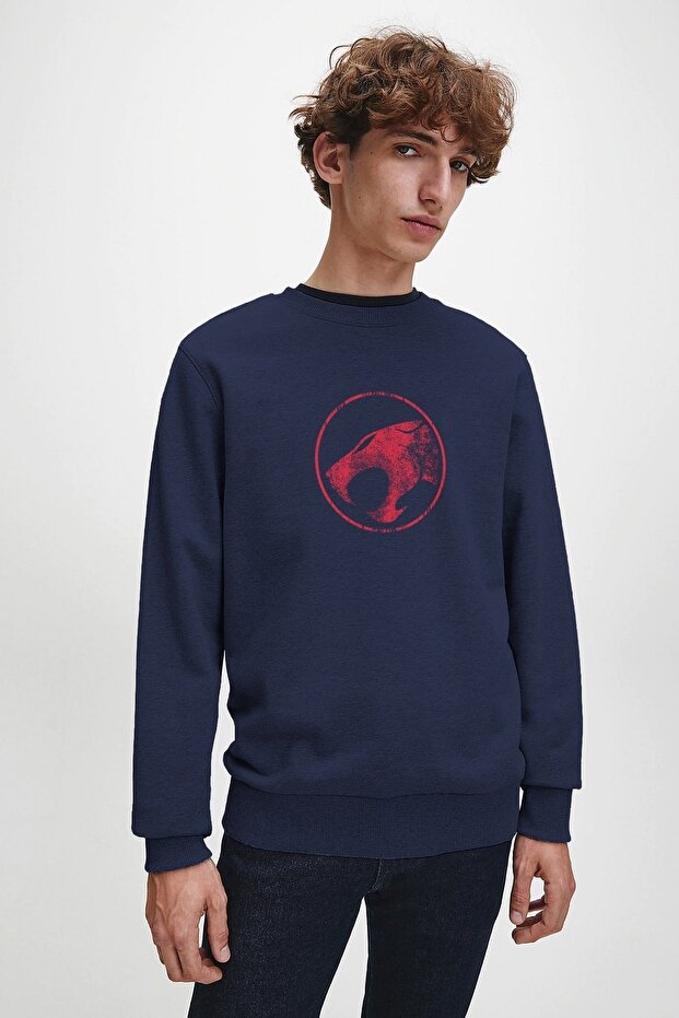 Thundercats Logo Printed Indigo Blue Navy Blue Men's Knitted Sweatshirt Long Sleeve