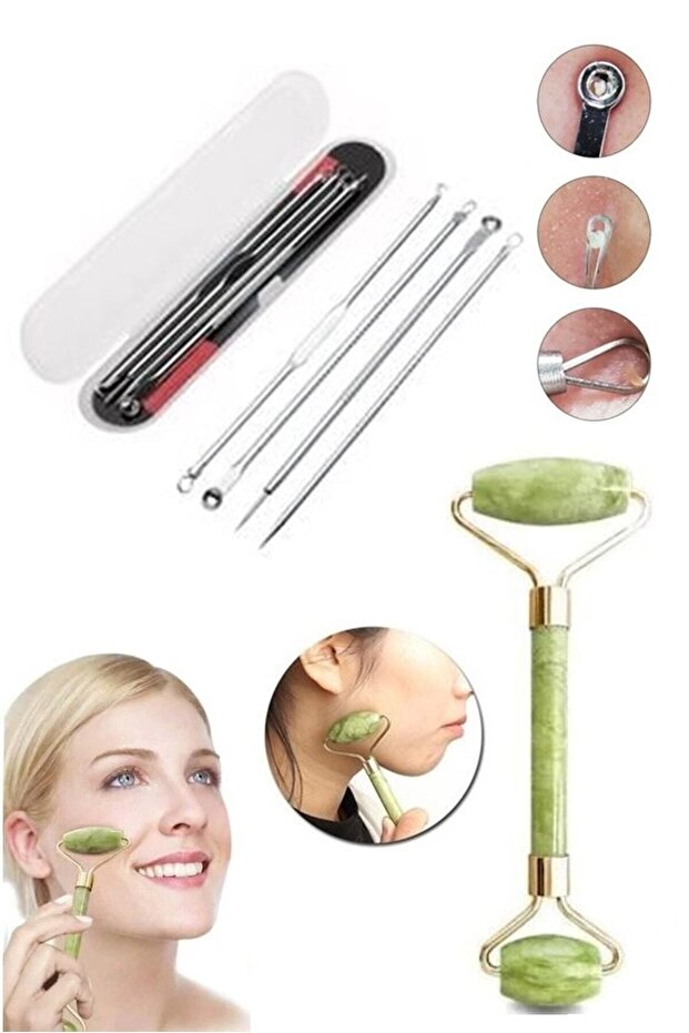 4-Piece Boxed - Stainless Steel Comedone and Jade Roller 2-Piece Jade Stone Massage Tool