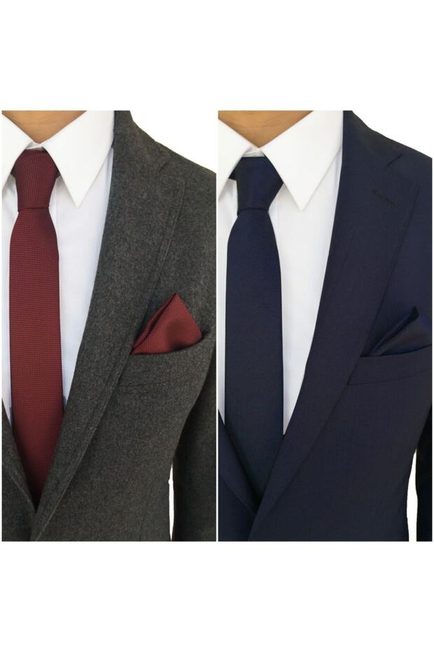 Claret Red & Navy Blue Tie Handkerchief Set