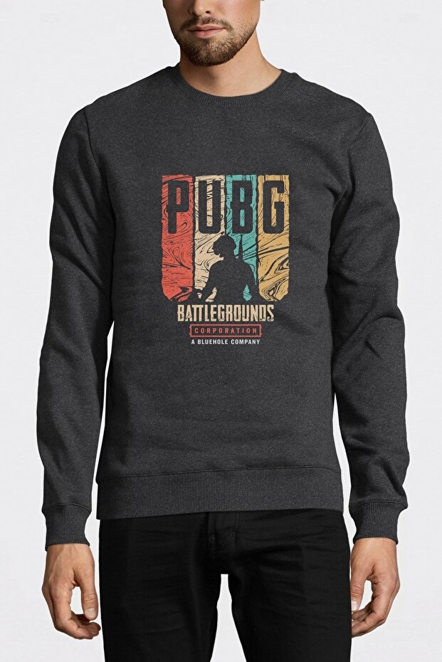 سويت شيرت رجالي محبوك بأكمام طويلة من Pubg Battlegrounds Corporation مطبوع عليه أنثراسايت مدخن
