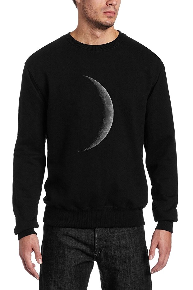 Moon Reflection Printed Black Men's Knitted Sweatshirt Long Sleeve