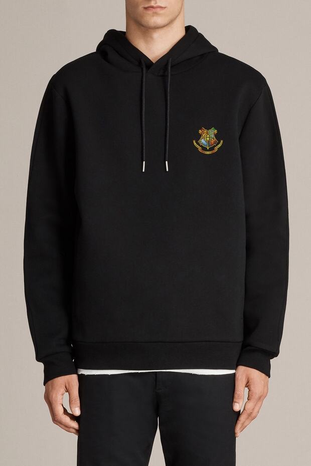 Hp Hogwarts Logo Printed Black Men's Knitted Hooded Sweatshirt Long Sleeve
