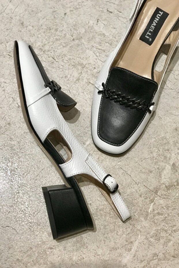 Women's Black and White Genuine Leather Heeled Shoes Size 34-35-41-42
