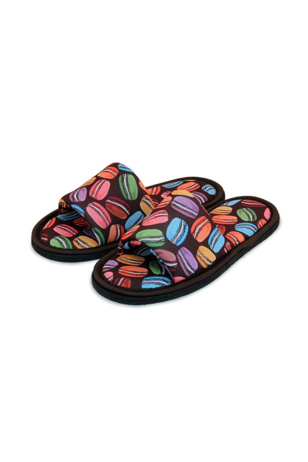 Unisex Brown Macaron Patterned Open Front Soft Soled House Slippers