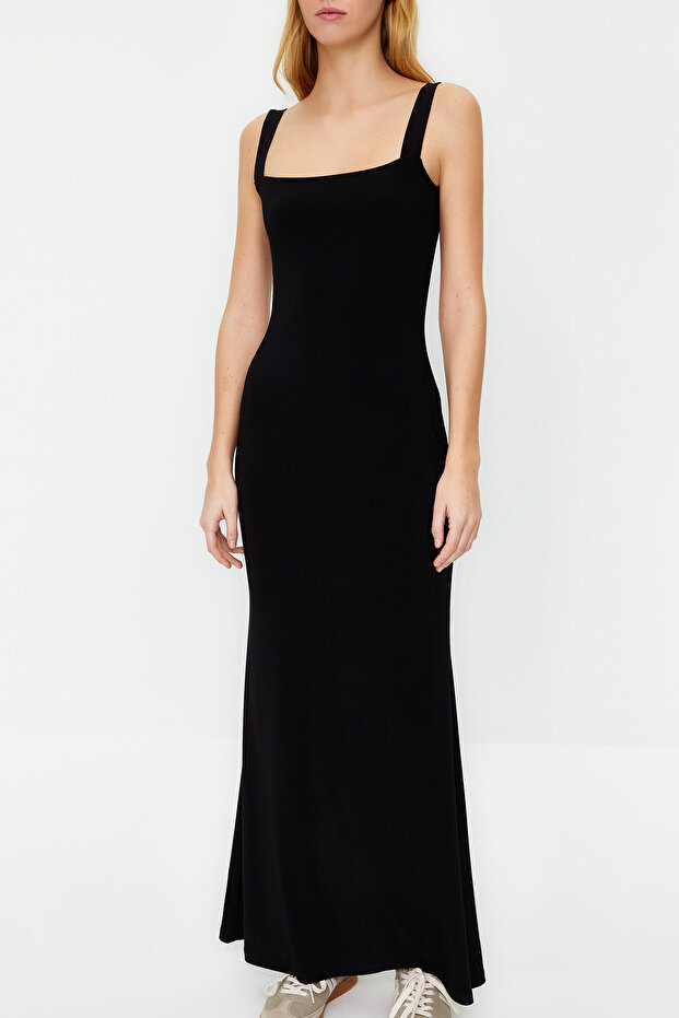 Siyah Kalın Askılı Fitted/Vücuda Oturan Esnek Örme Maxi Kalem Elbise TWOSS24EL00137 - 4