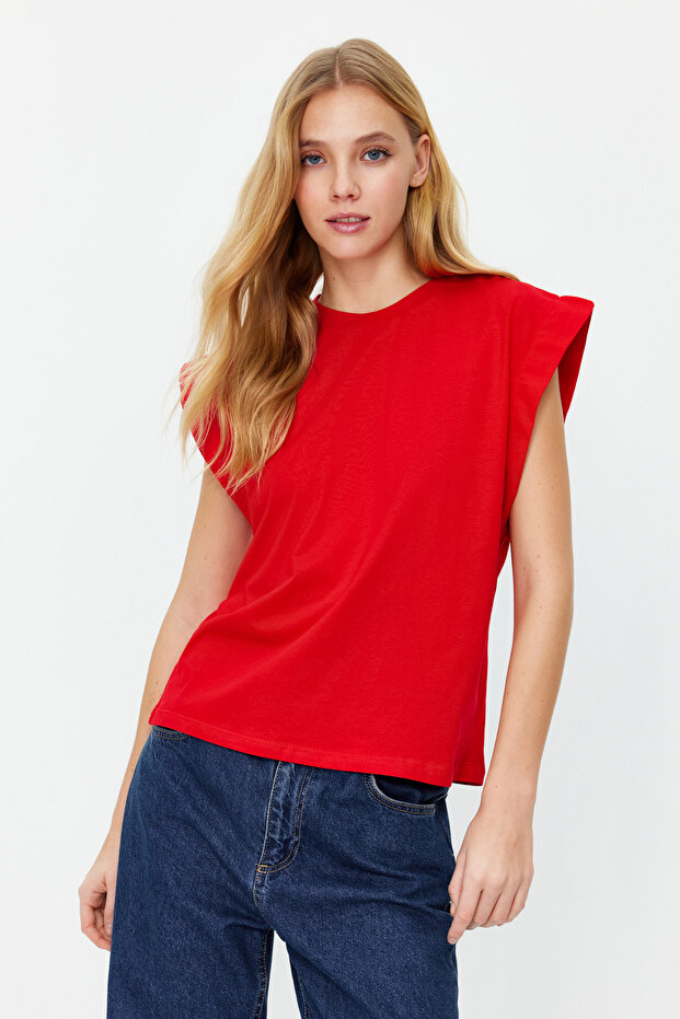 Kırmızı %100 Pamuk Vatka Görünümlü Basic Bisiklet Yaka Örme T-Shirt TWOSS20TS0021 - 1